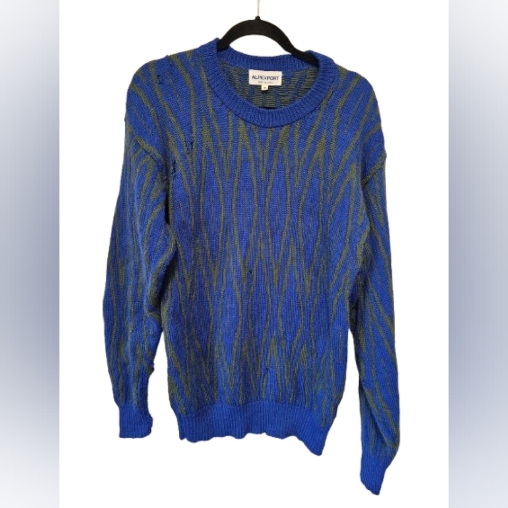 Alpexport Vintage Vibrant Blue and Olive Crewneck Sweater With distressing/holes